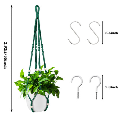Augshy Macrame Plant Hangers Dark Green Hanging Planters for Indoor Outdoor Home Decor, Hanging Plant Holder No Tassels Set of 2 with 4 Hooks