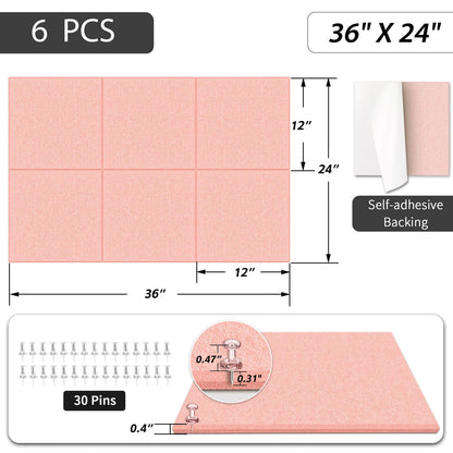 BXI Felt Bulletin Board - 36 X 24 Inches, 6 Pcs Self-Adhesive Decor Cork Boards with 30 Pushpins, Sturdy Acoustic Wall Panels for Office Work, Poster Pin Tiles for Teen Dorm Room Kitchen Classroom