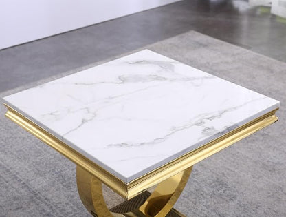 4 Piece Living Room Table Set Include 1 Faux Marble Coffee Table & 2 End Tables & 1 Console Table, Modern White Gold Coffee Table Set of 4 with Double O Shape Stainless Steel Pedestal Base