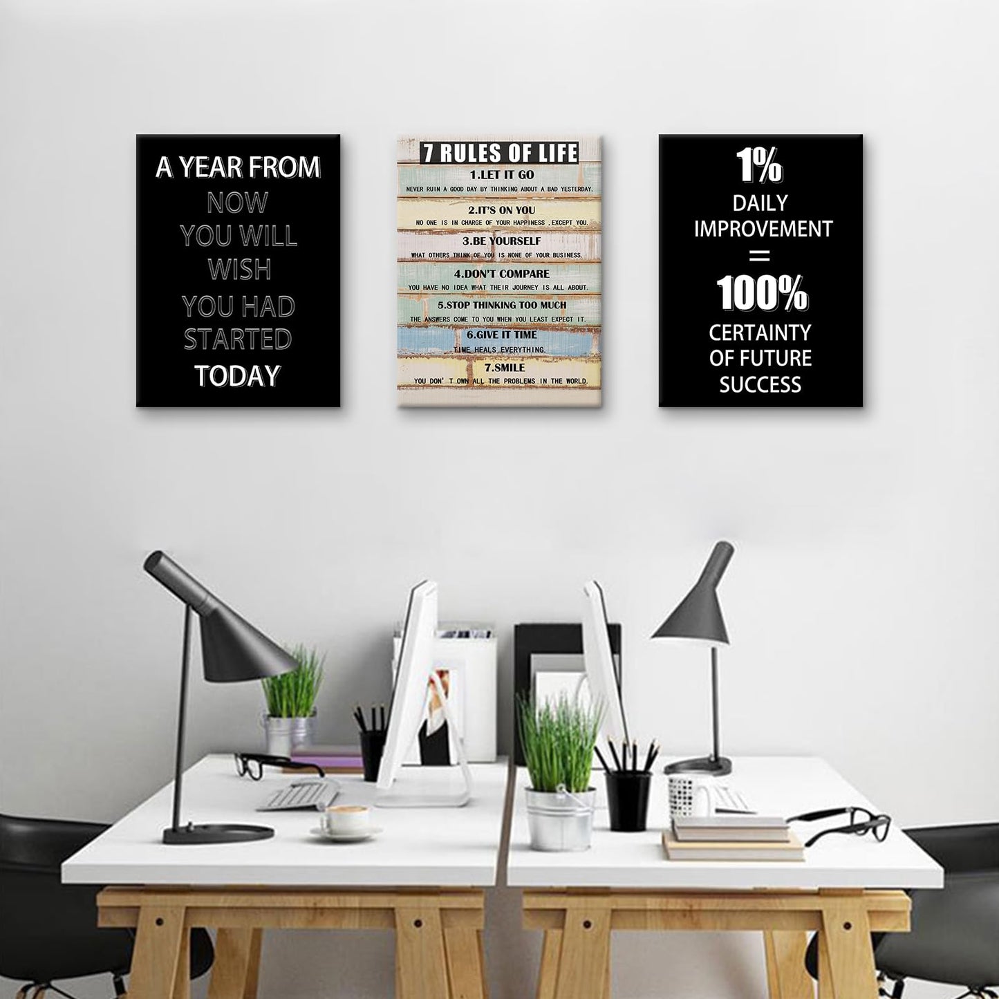 PSYYSP Motivational Wall Art 7 Rules of Life Canvas Print Framed Inspirational Quotes Poster for Office Home Gym Success Action Discipline Decor Modern Black White Artwork 36x16