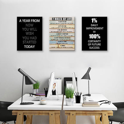 PSYYSP Motivational Wall Art 7 Rules of Life Canvas Print Framed Inspirational Quotes Poster for Office Home Gym Success Action Discipline Decor Modern Black White Artwork 36x16