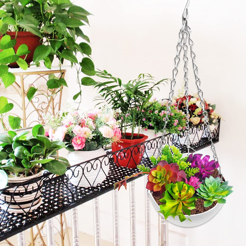 4 Pack 8 inch Hanging Planter Pots,Self-Watering Round Hanging Basket with Water Tray Metal Chain,Succulent Flower Plant Pot Container for Indoor Outdoor Garden Balcony Wall Decor,White