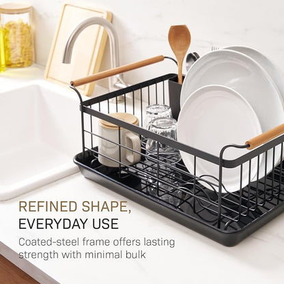 YAMAZAKI Home Dish Drying Rack – Modern Black Dish Rack for Kitchen Counter with Removable Drainer Tray and Cutlery Holder, Steel + Wood Dish Drying Organizer, Small Space-Saving Design