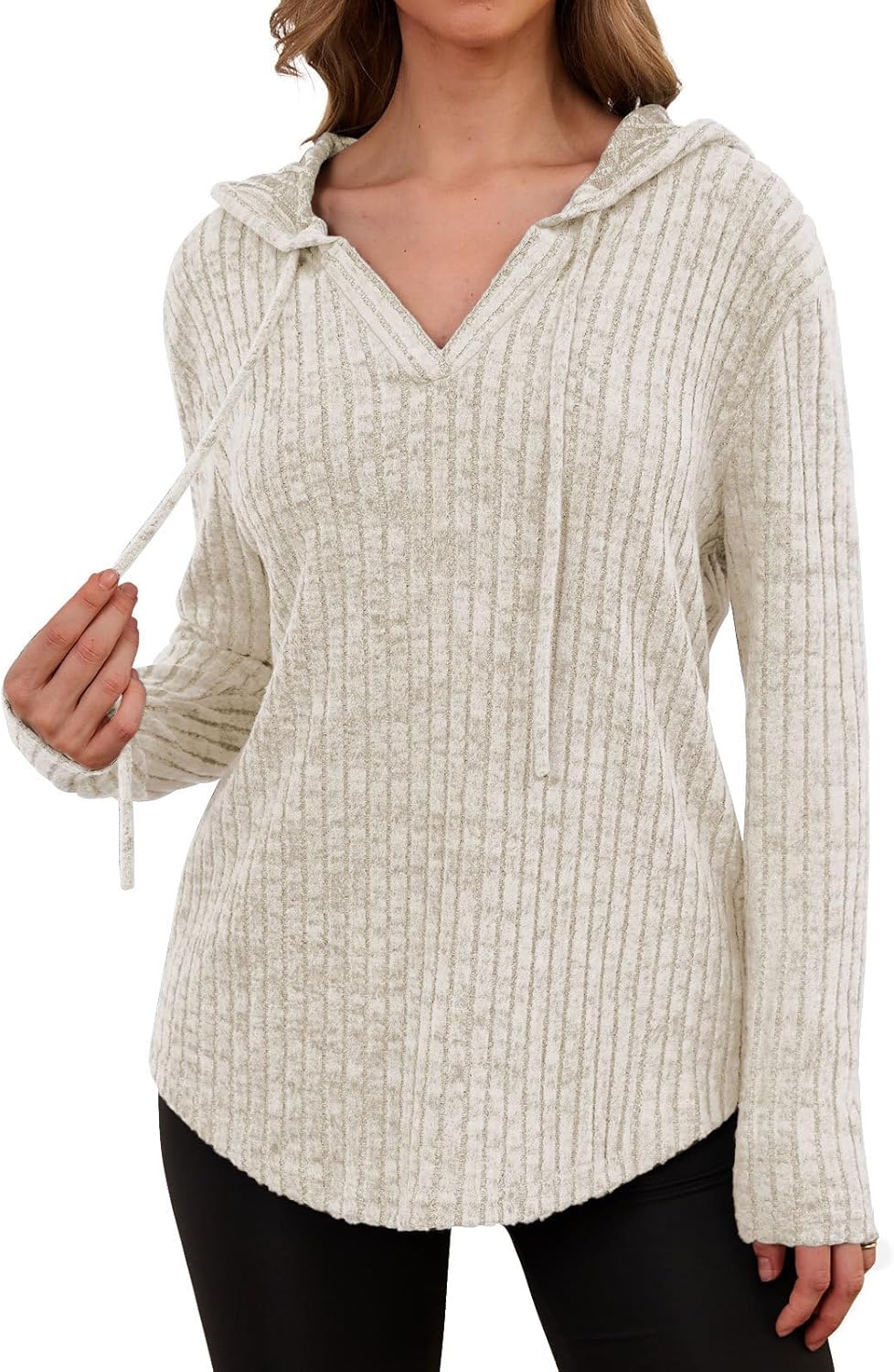 Lylinan Womens Cozy Knit Sweaters Hoodies Ribbed V Neck Pullover Sweatshirts for Fall Outfits S-XXL