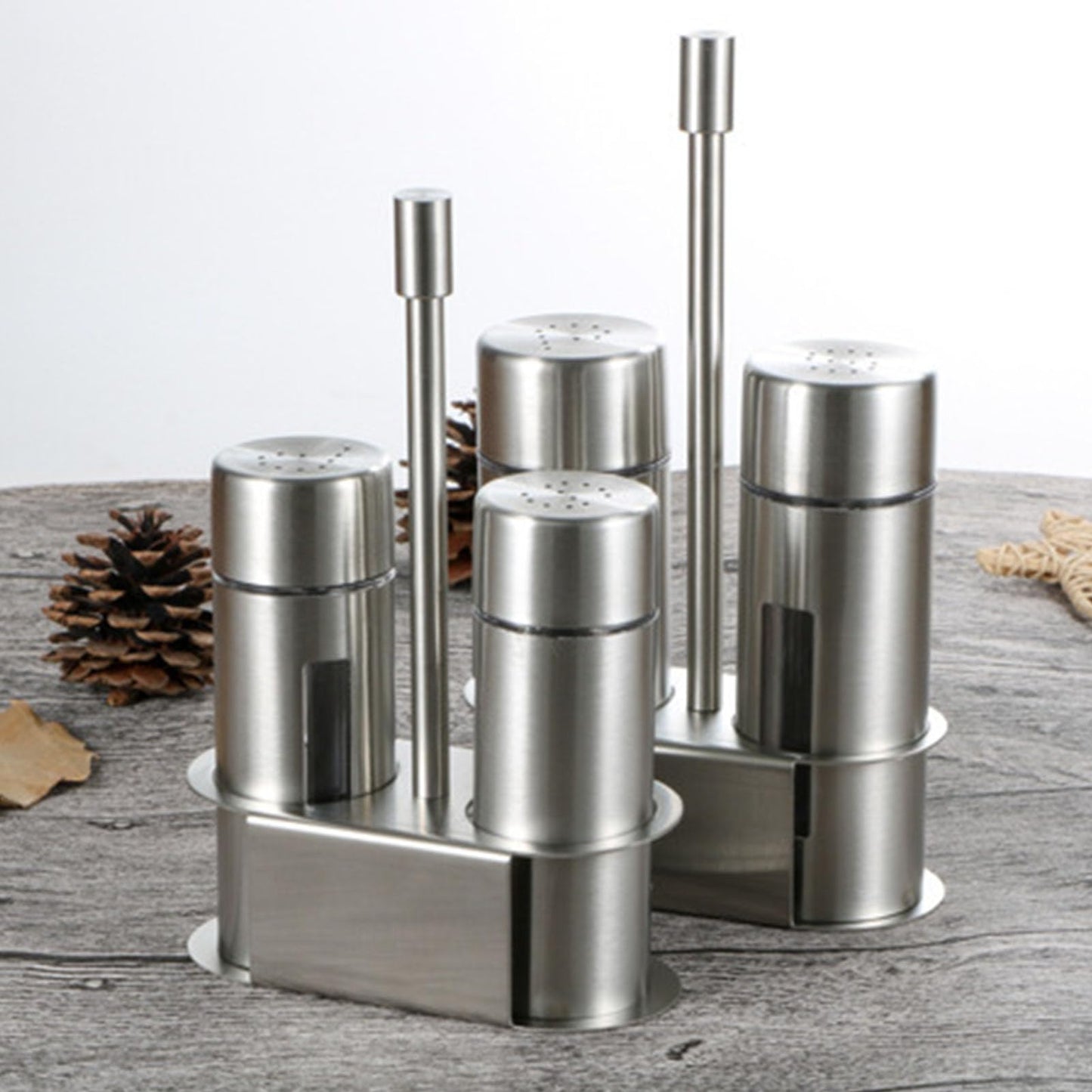 Salt and Pepper Shakers Set with Holder, Stainless Steel Spice Seasoning Bottle with Glass Window, Refillable Salt Pepper Dispenser Containers for Home Kitchen Countertop, BBQ, Bar, RV, Camp (S)