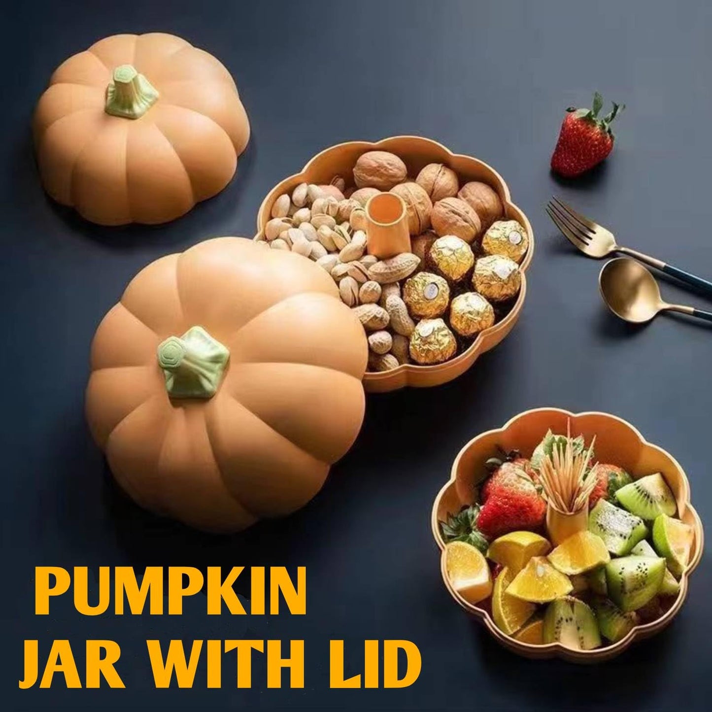 Large Pumpkin Bowls 2 Set, Plastic Pumpkin Candy Dish Jar with Lid Thanksgiving Decor Pumpkin Dish with Cover Pumpkin Serving Tray Fall Decorative Food Snacks Storage Container for Sugar Cookie