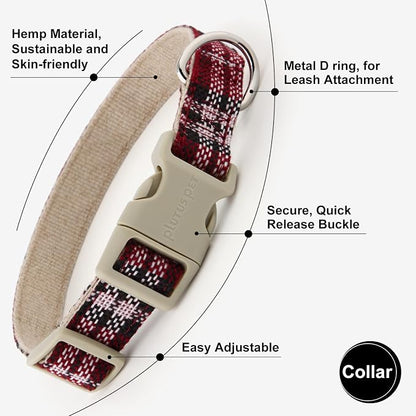 Plutus Pet Cotton Hemp Dog Collar and Leash Set, Adjustable Collar for Small, Medium, and Large Dogs, Heavy Duty and Soft on Skin, Red Plaid, XS