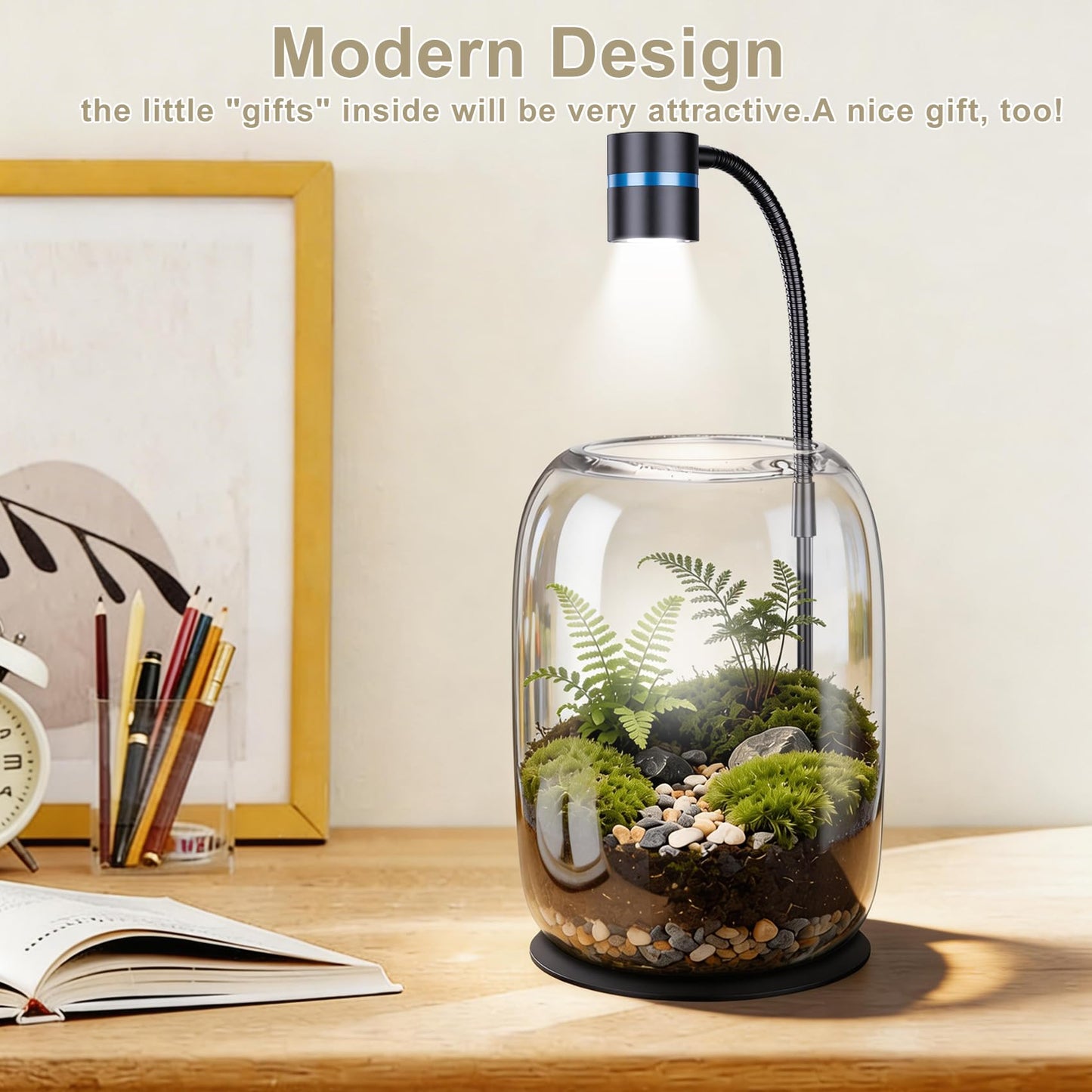 Yeeweek Glass Plant Terrarium with LED Grow Light(H:8.46" D:5.9"), Desktop Terrarium for Venus Fly Trap, Moss & Succulents, Borosilicate Indoor Planter for Home Office Decor