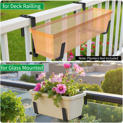Window Box Brackets, Adjustable Planter Box Brackets, Heavy Duty Iron Flower Box Brackets for Railings, with Enhanced Bottom Support - Perfect for Balconies, Fences, and Gardens (Black, 6 Pack)