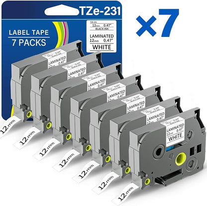 TZE-231 Label Maker Tape 12mm 0.47 Laminated Black on White 1/2" x 8m Replacement for Ptouch TZ TZE TZE231 Label Tape Cassette for PT-D220 PTD220 D220 PT-D210 PTD210 PT-H110 PT-D200 PT-D410 (7 Packs)