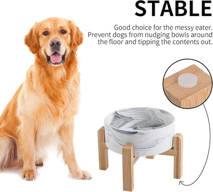Elevated/Raised Ceramic Dog Bowl with Bamboo Stand (Marble Gary, 3.6Cup)