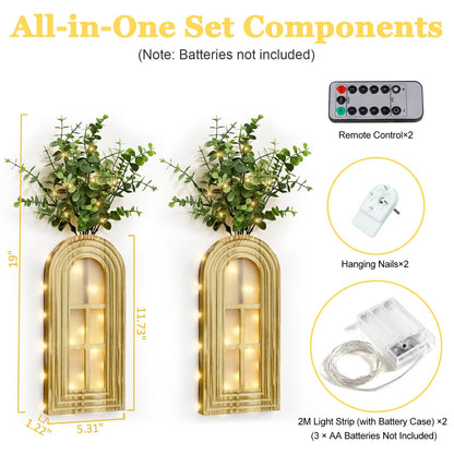 HOMECOR Hanging Wooden Vase Wall Decor - Brown Finish Boho & Modern Farmhouse Decor with Fairy Lights & Artificial Plants, Wall Art for Living Room, Bedroom, Bathroom Mothers Day Home Decor Gift