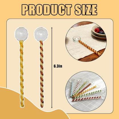 TMXAOK 6 Pieces Glass Stirring Spoons Clear Crystal Coffee Cocktail Mixing Spoon Teaspoons with Spiral Handle Salt Sugar Ice Cream Yogurt Jam Dessert Scoop Swizzle Stick Stirrer for Bar Cafe Party (H)