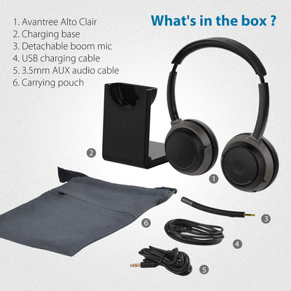 Avantree Alto Clair aptX HD Bluetooth Headset with Microphone, Mute Function, Clear Talking, Hi-Fi Music, Low Latency, Wireless Headphones with Charging Base for Computer, PC, Laptop, Skype, TV