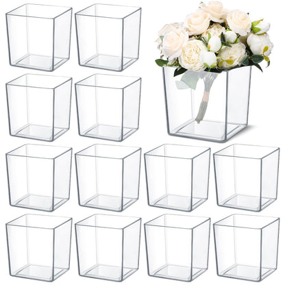 Tioncy 12 Pcs Clear Square Vase 5'' x 5'' Acrylic Flower Plastic Vases for Centerpieces Acrylic Cube Plastic Container Bulk Succulent Pots Planters for Plant Wedding Home Office Floral Decor