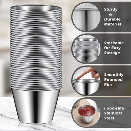 Mimorou 100 Pcs 2.5oz Metal Ramekins Stainless Steel Sauce Dipping Cups Ramekins Bulk Sauce Container Round Dipping Bowls Condiment Cup for Dish Butter Kitchen Restaurant Serving Party Dinner Cooking