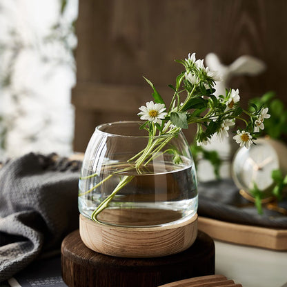 Glass Vase with Wooden Support Base, 1pcs Clear Glass Bubble Vase, Hydroponic Plant Terrarium Aquarium Goldfish Bowl for Home Office Centerpieces Flower Arrangement Decor (A 30 × 24 × 24 cm)