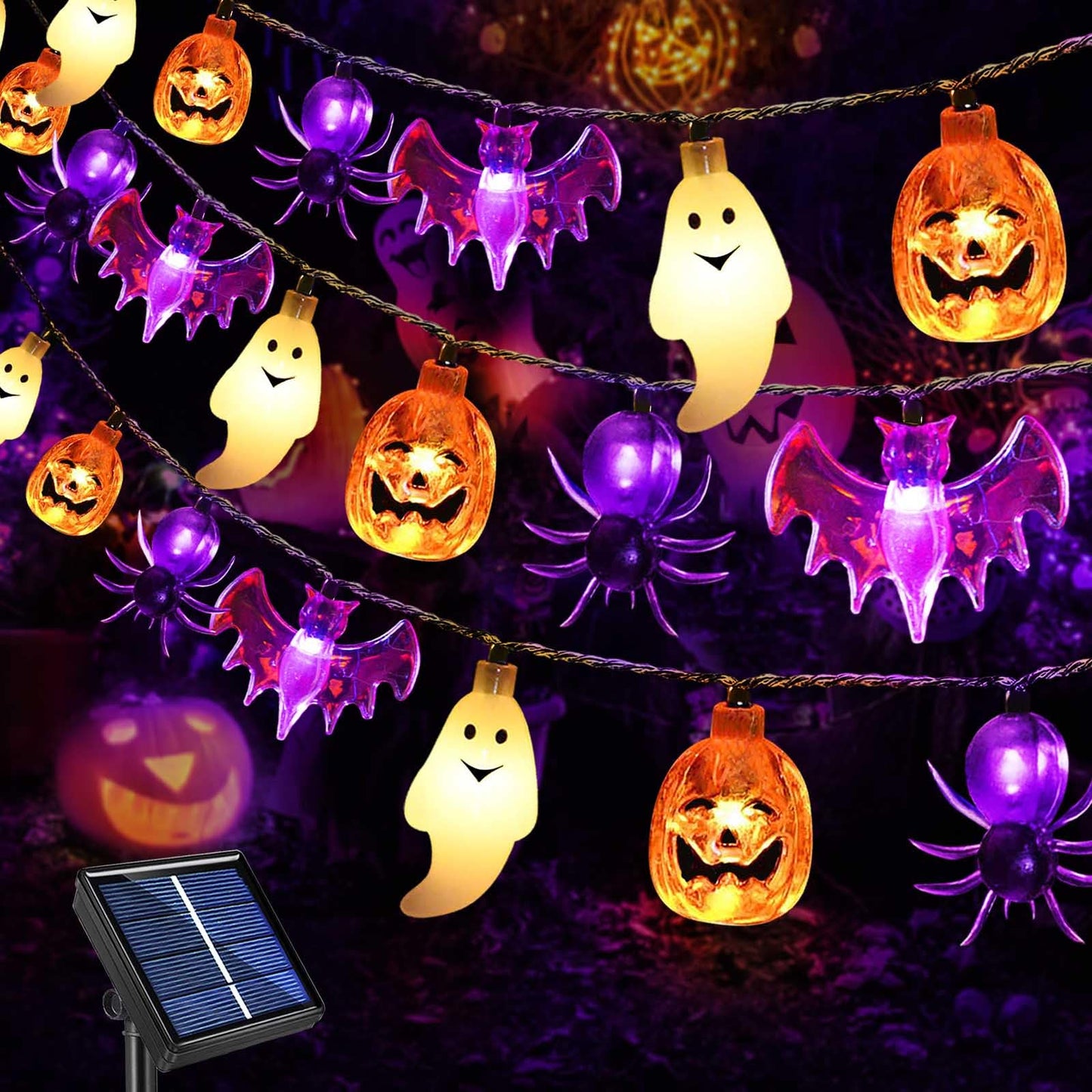 Janchs 40LED Solar Pumpkin Bat Ghost Spiders Lights for Halloween Decorations, 8 Modes, Waterproof, Auto On/Off, for Garden Decor, Halloween, Yard, Lawn, Outdoor Use