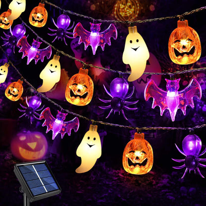Janchs 40LED Solar Pumpkin Bat Ghost Spiders Lights for Halloween Decorations, 8 Modes, Waterproof, Auto On/Off, for Garden Decor, Halloween, Yard, Lawn, Outdoor Use
