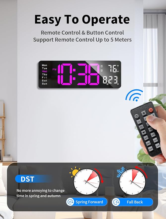 MASHI Digital Wall Clock, 16" Large Display Digital Clock with Remote Control, Auto-Dimming Wall Clock with Night Light, DST, Date Week,Temp for Living Room, Bedroom, Decor, Gift for Elderly