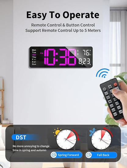 MASHI Digital Wall Clock, 16" Large Display Digital Clock with Remote Control, Auto-Dimming Wall Clock with Night Light, DST, Date Week,Temp for Living Room, Bedroom, Decor, Gift for Elderly