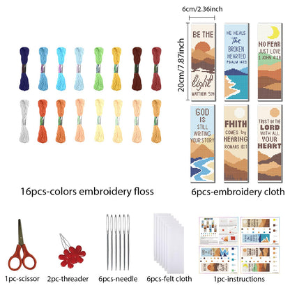 FREEBLOSS 11CT 6 Set Cross Stitch Bookmark Kit Landscape Stamped Embroidery Bookmark Kit with Instructions 6 Back Felt Bookmarks Making Set for Adults Book Lovers, 8"x2.4"