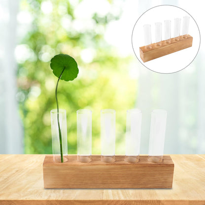 PATKAW Glass Hydroponic Plant Vase with 5-Hole Wooden Stand, Tabletop Test Tube Planter for Home Décor, Succulent Terrarium and Air Plant Propagation Station