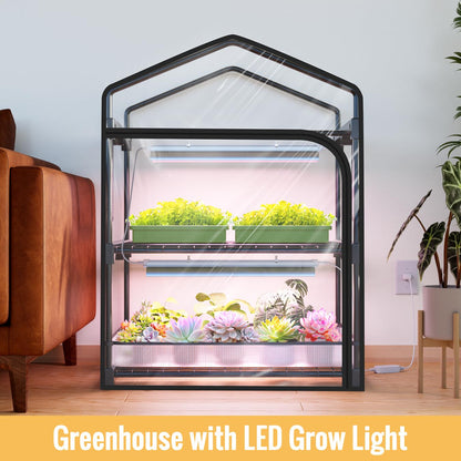 SpeePlant Mini Indoor Greenhouse with Grow Light, 2-Tier Plant Stand with PVC Tent, Ventilation Window, Bottom Pouch, 20W Full Spectrum Grow Light with Timer, for Seed Starting, 27" L x 19" W x 35" H