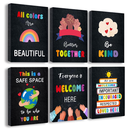 Diversity for Classroom Decorations Canvas Wall Art Decoration,Kindness Diversity ,Teacher for Elementary Classroom DecorLiving Room Canvas Wall Art,Home Deco,Tabletop/Hanging，6-pack(29 x 38 cm) framed