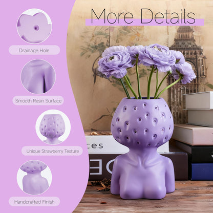 Ravixor Female Form Flower Vase, Unique Face Planter Pot with Drainage Hole, Resin Flower Pot for Indoor Outdoor Plants Succulents Boho Home Decor Gift, Purple