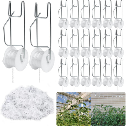 Hidbot Tomato Support Hooks with String 20 Pcs,100 Pcs Plant Support Clips for Climbing Plants,Tomato Trellis Roller Hooks with 49.2FT String,Reusable Grape Vine Clips to Prevent Tomatoes