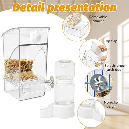 BNOSDM No Mess Bird Feeder Water Dispenser Set Automatic Parrot Feeder Drinker Transparent Food Container 3 Pcs Parakeet Cage Accessories for Cockatiel, Budgies, Conure, Lovebird, Finch (Transparent)