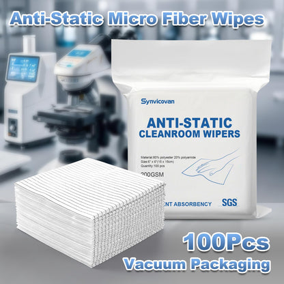 Synvicovan Anti-Static Microfiber Wipes 6"x6"(100 Pcs,Class 100, 200GSM) Lint Free Cloths Reusable Special ESD protection design is suitable for protecting sensitive electronic components and tools