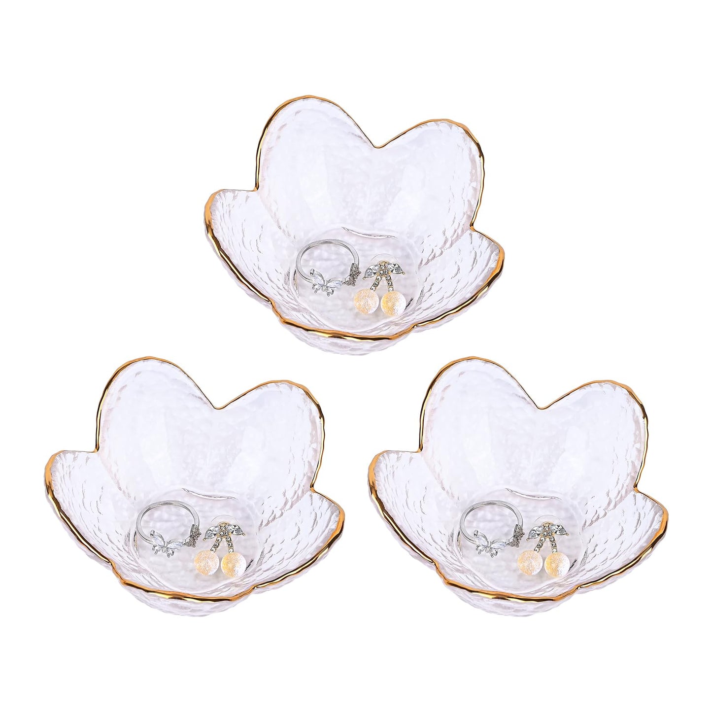 Koythin 3-Piece Glass Jewelry Tray, Small Trinket Holder for Necklace Bracelet Earring, Ring Holders for Bathroom, Aesthetic Trinket Dish, Flower Nightstand Decor for Girl Mom (Transparent White)