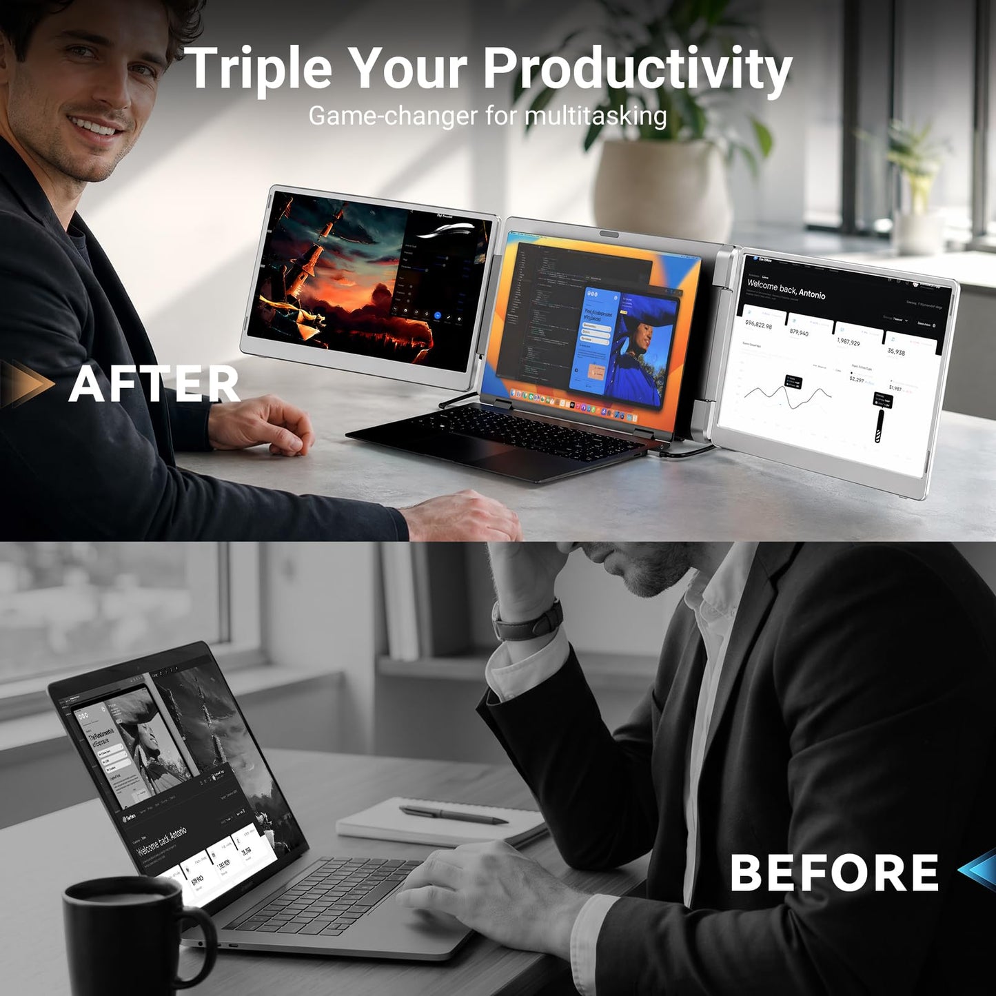 LXU 15.6" 1080P Triple Laptop Screen Extender Monitor Portable for 12~17.3"