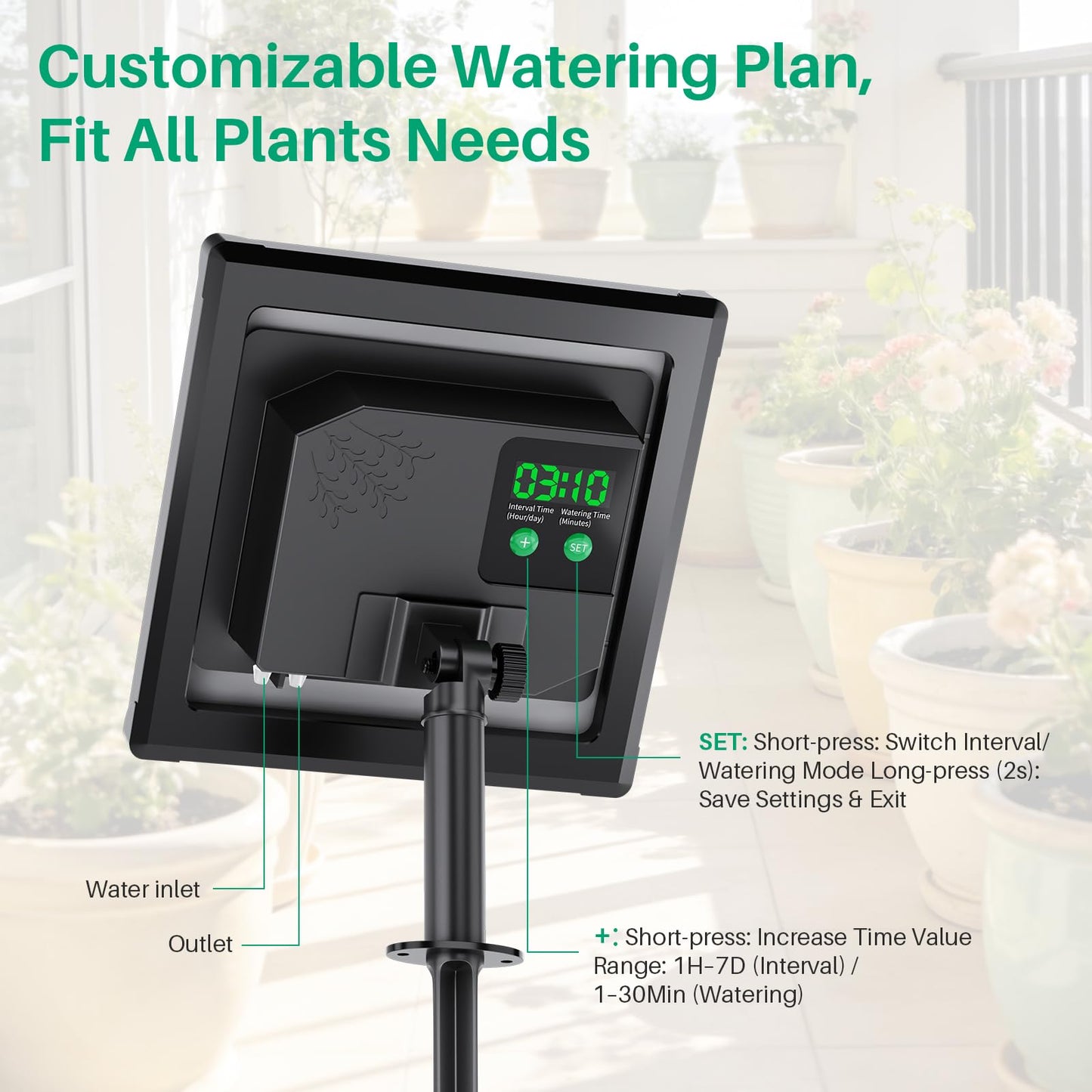NFESOLAR 3W Solar Automatic Drip Irrigation Kit with LCD Timer, Customizable Watering Duration 1–30min & Interval 3h–7d, Anti-Siphoning Device for Potted Plants, Balcony, Garden, Patio, Vacation