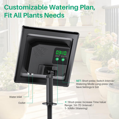 NFESOLAR 3W Solar Automatic Drip Irrigation Kit with LCD Timer, Customizable Watering Duration 1–30min & Interval 3h–7d, Anti-Siphoning Device for Potted Plants, Balcony, Garden, Patio, Vacation