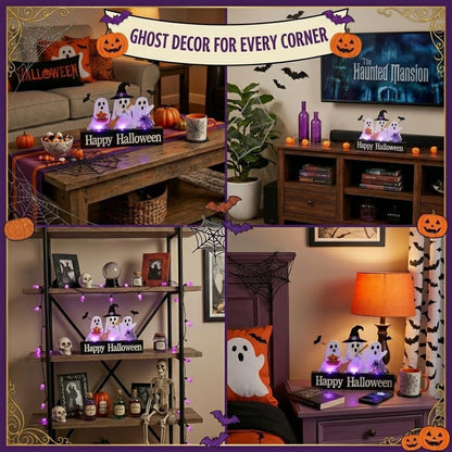 Valery Madelyn Halloween Decorations with Purple LED Lights, Lighted Halloween Ghost Decor, Tabletop Sign with Witch Hat Broom Bats Jack O Lantern for Home Party Indoor, 8 Inch