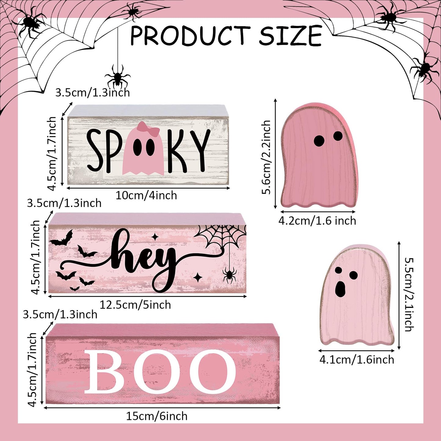 Lineshading 4 Pcs Pink Halloween Decor Ghost Table Decorations Halloween Tiered Tray Decor Farmhouse Ghost Tabletop Centerpiece Rustic Pink Block Sign Gift for Home Kitchen Shelf Office Mantel