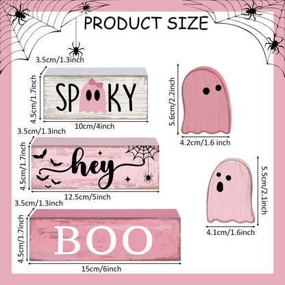 Lineshading 4 Pcs Pink Halloween Decor Ghost Table Decorations Halloween Tiered Tray Decor Farmhouse Ghost Tabletop Centerpiece Rustic Pink Block Sign Gift for Home Kitchen Shelf Office Mantel