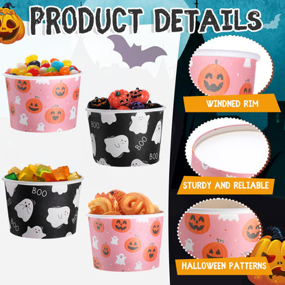 Jingmore 100 Pcs 8 oz Halloween Treat Snack Cups Pink Ghost Pumpkin Disposable Bowls Boo Halloween Paper Bowl for Sundae Frozen Yogurt Soup Birthday Party Supplies
