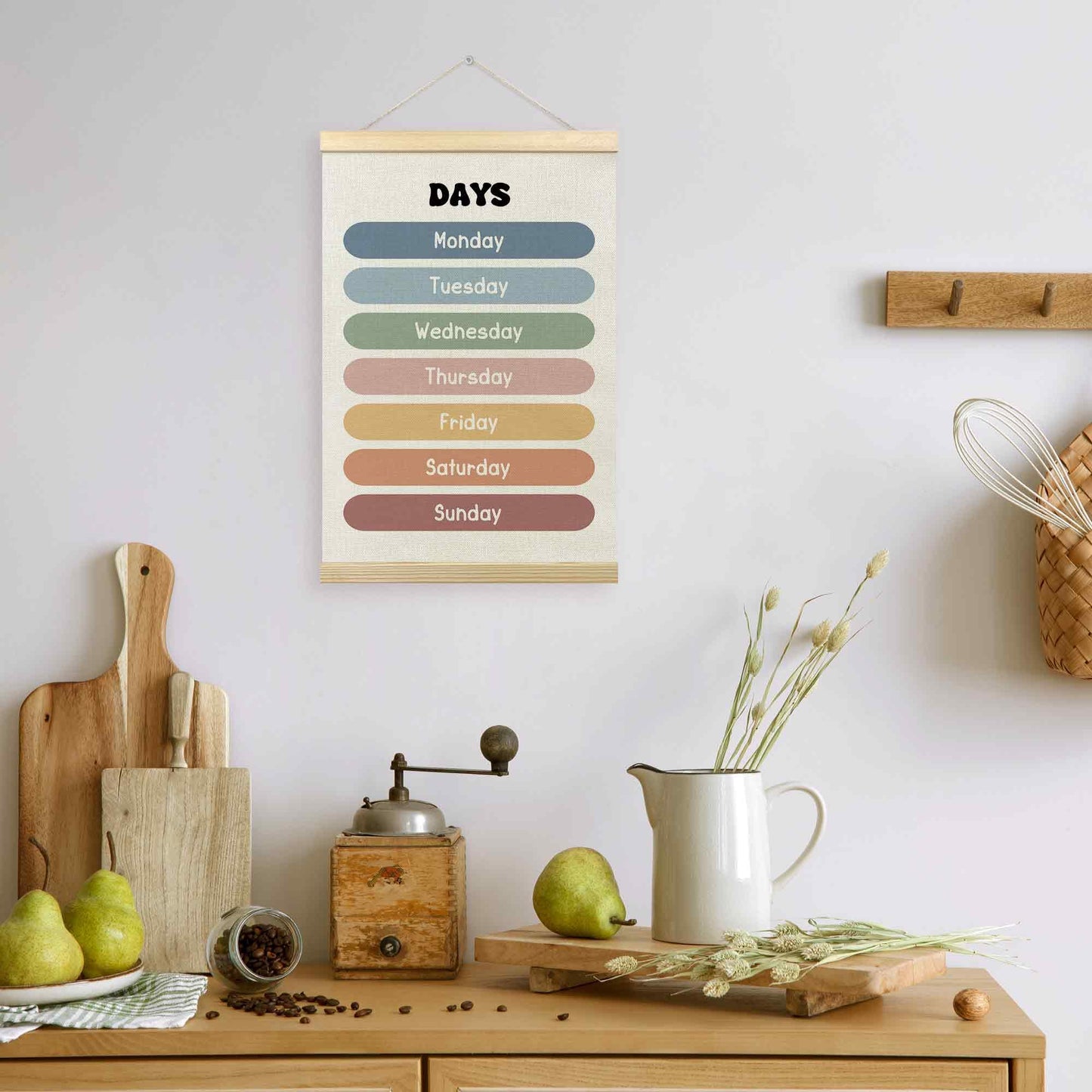 TLESKE Boho Classroom Days of the Week Poster Hanger Frame, Homeschool Hanging Wall Art Decor for Toddlers Kids Room Nursery Playroom, Preschool Prek Learning Educational Poster Print Banner, 16x24