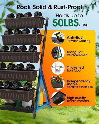 Olaiti 5-Tier Vertical Garden Bed Planter Boxes with Drainage System & Storage Space, Freestanding Vertical Garden Planter with 5 S-Hooks for Plants Vegetables Flowers Herbs in Garden Patio Yard