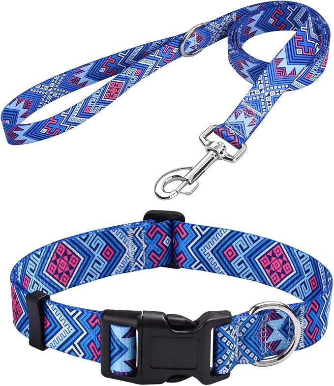 MarukoPet Dog Collar and Leash Set, Adjustable for Small Medium Large Dogs Puppy, Cute Design with Bohemia Floral Tribal Geometric Patterns Boys Girls Dog Collar(Blue Ethnic Style Set,L)
