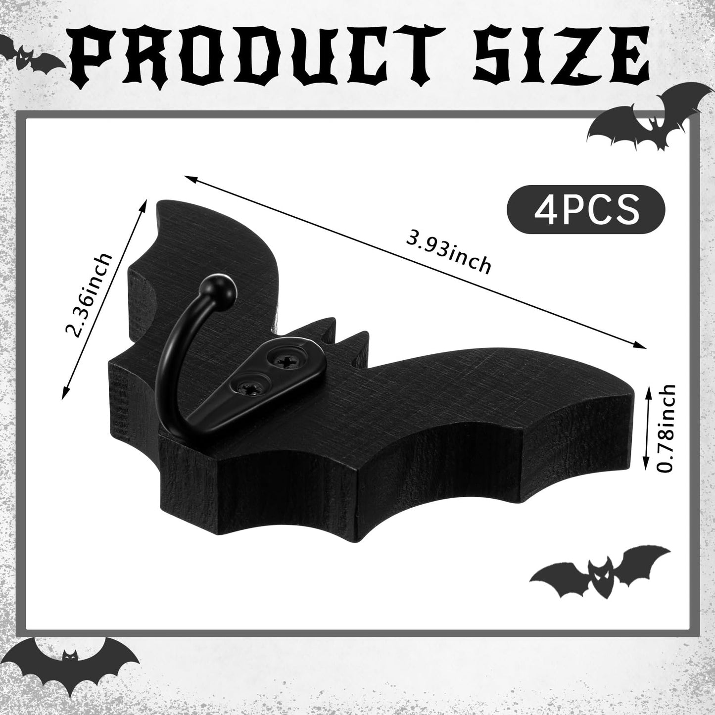 Thyle 4 Pcs Black Bat Wall Key Holder Gothic Wooden Key Hooks for Wall Mount Cute Home Decor for Keys Coats Towels Bags Spooky Decor for Bathroom, Kitchen, Living Room, Bedroom