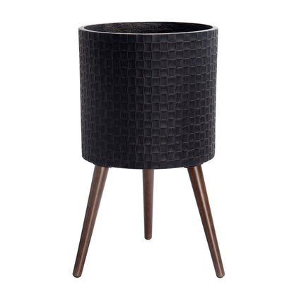 D'vine Dev 14 Inch Modern Geometric Tile Patterned Sleek Planter Pot with Stand, Indoor Outdoor Decorative Plant Holder, Distressed Black, 88-Z-D-5