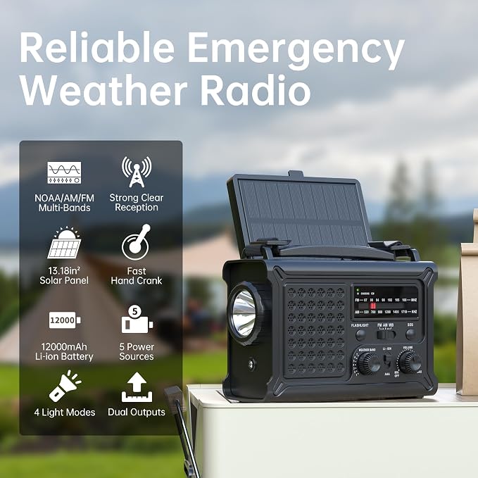 Mesqool Emergency Weather Radio NOAA Alert with Battery Backup 12000mAh Hand Crank Solar, Radios Portable AM FM LED Flashlight Cell Phone Charger for Home Camping Survival Kit