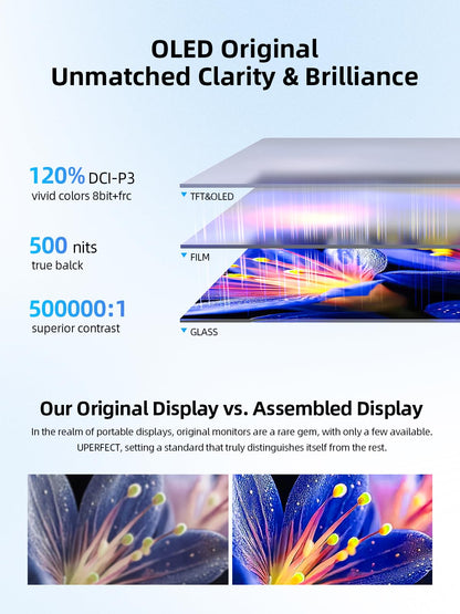 UPERFECT Touchscreen OLED Portable Monitor 14", 3K 2880x1800 | 120Hz | 0.1ms Portable Gaming Monitor, 500 Nits |120% DCI-P3 | 500000:1 | Ultra-Slim Design for Laptop Mini PC Phone Game Consoles