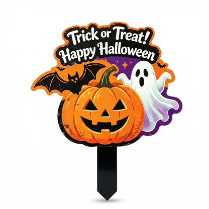Bekecidi Halloween Metal Yard Sign, 15.7 x 11.8 Inches Trick or Treat Pumpkin Ghost Decor, Iron Lawn Stake with Straight Ground Insert for Outdoor Garden Decorations