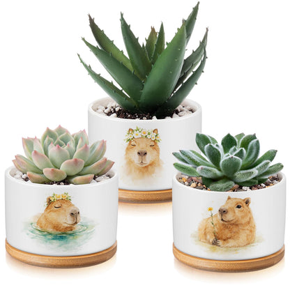 Jingmore 3 Pcs Capybara Decor Gift for Women Planter Ceramic Gift Animal Plant Pot with Bamboo Tray for Office Home Farm House Bathroom Kitchen Christmas Decorations (No Plants Included)